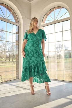 Dresses>YOURS London Curve Green Jacquard Floral Wrap Ruffle Hem Dress