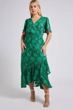 Dresses>YOURS London Curve Green Jacquard Floral Wrap Ruffle Hem Dress