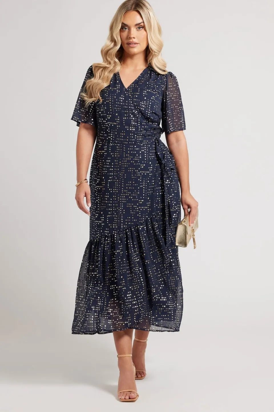 Dresses>YOURS London Curve Navy Blue Metallic Dot Wrap Dress