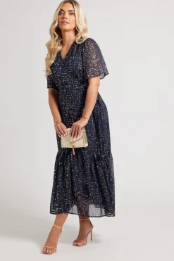 Dresses>YOURS London Curve Navy Blue Metallic Dot Wrap Dress