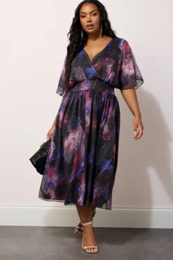 Dresses>YOURS London Curve Purple Abstract Metallic Print Midi Dress