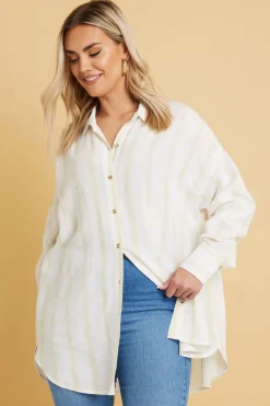Tops>YOURS Plus Size Natural Brown Stripe Linen Shirt Curve