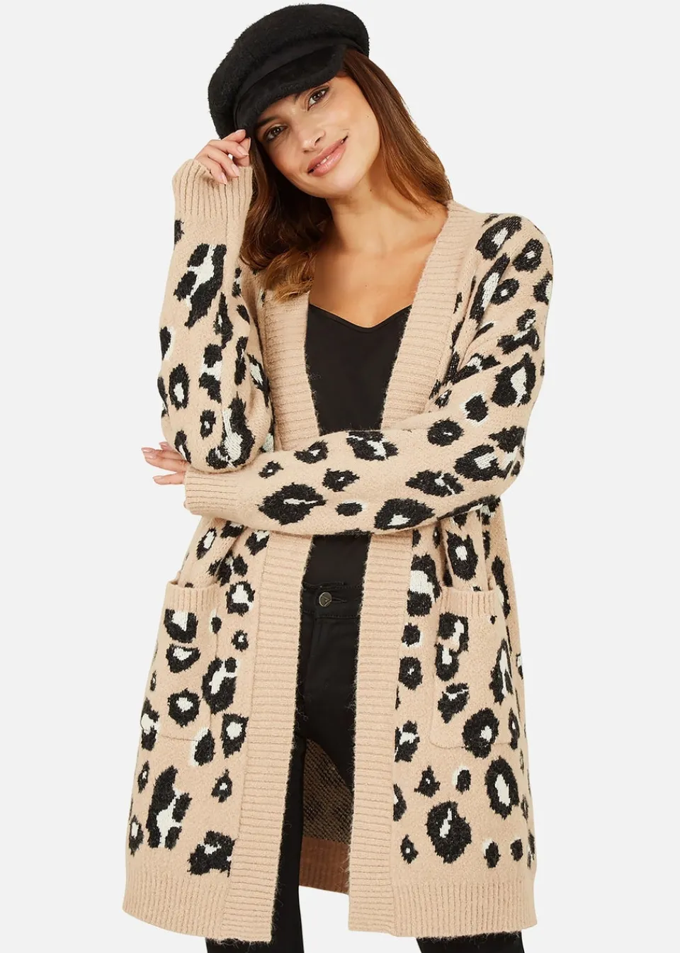 Tops>Yumi Beige Animal Print Intarsia Knit Long Cardigan