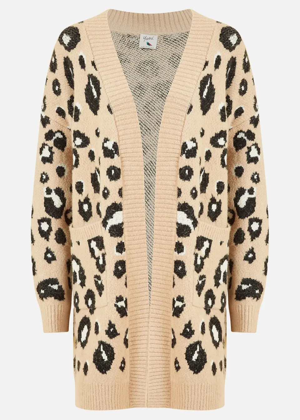 Tops>Yumi Beige Animal Print Intarsia Knit Long Cardigan
