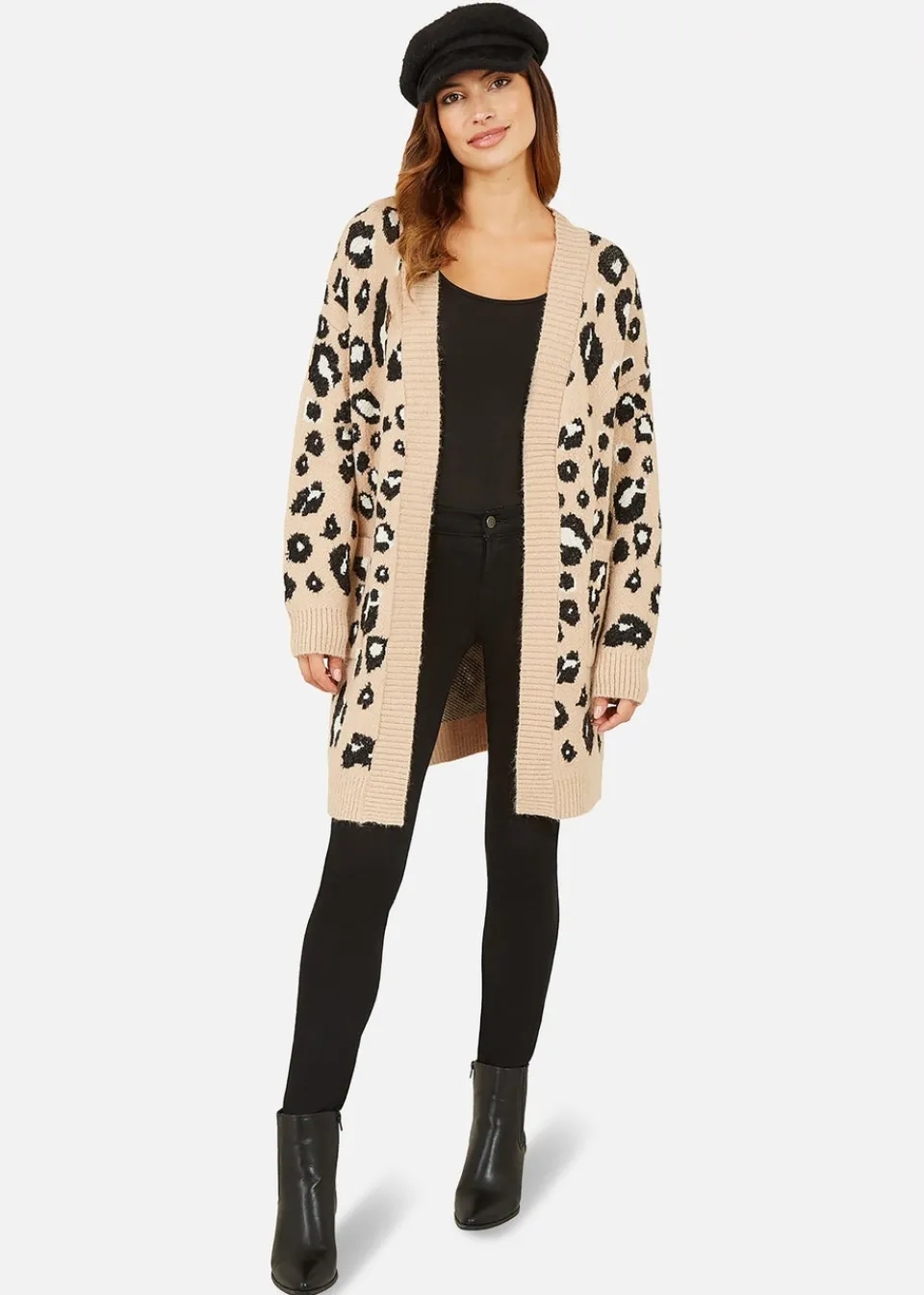 Tops>Yumi Beige Animal Print Intarsia Knit Long Cardigan
