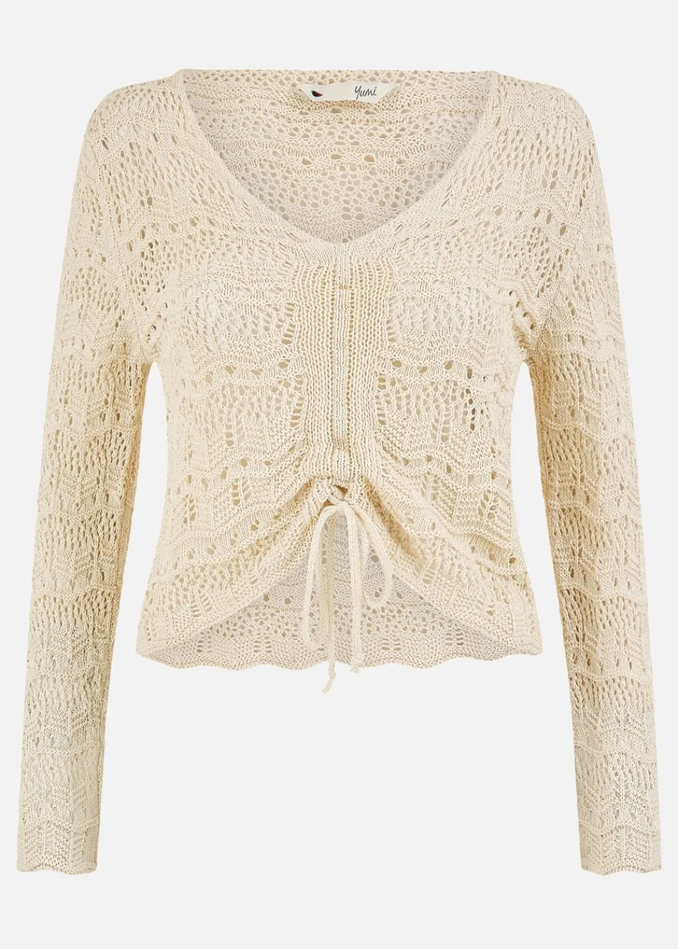 Tops>Yumi Beige Crochet Top With Front Ruching