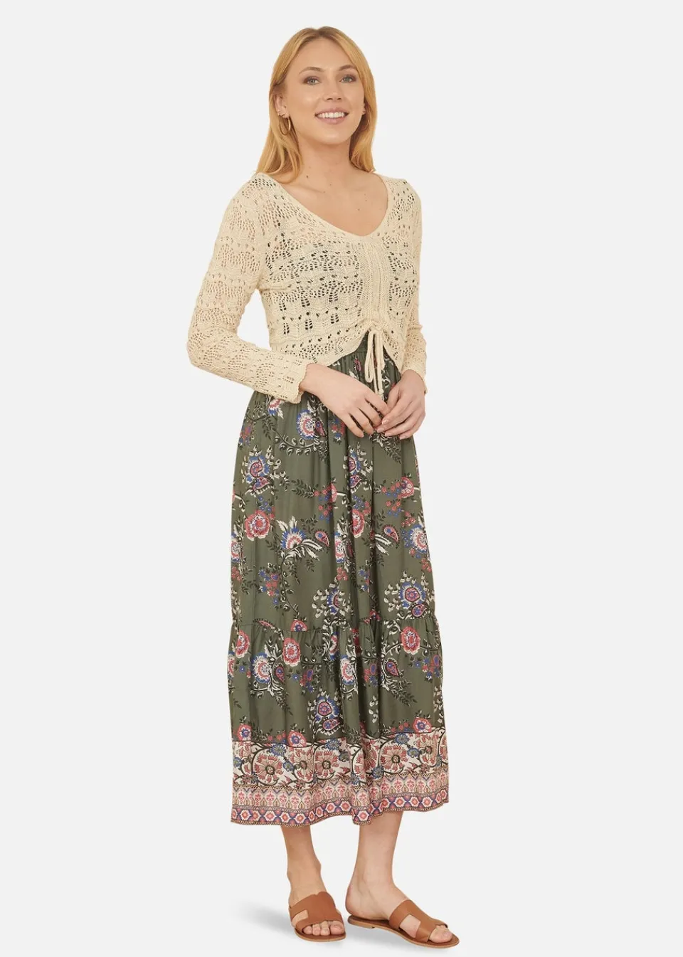 Tops>Yumi Beige Crochet Top With Front Ruching