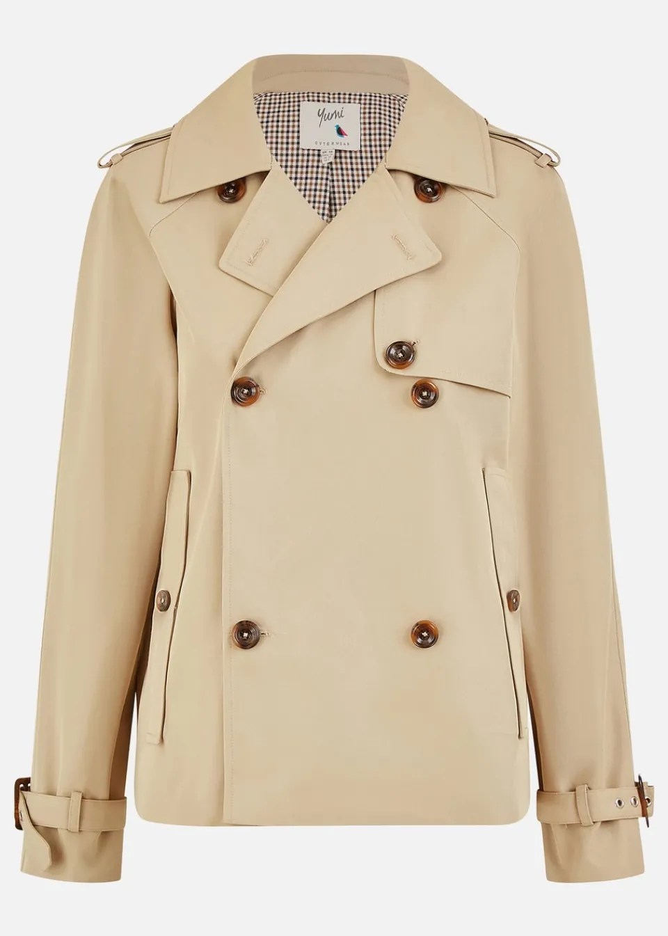 Coats & Jackets>Yumi Beige Cropped Trench Jacket With Pockets & Check Lining