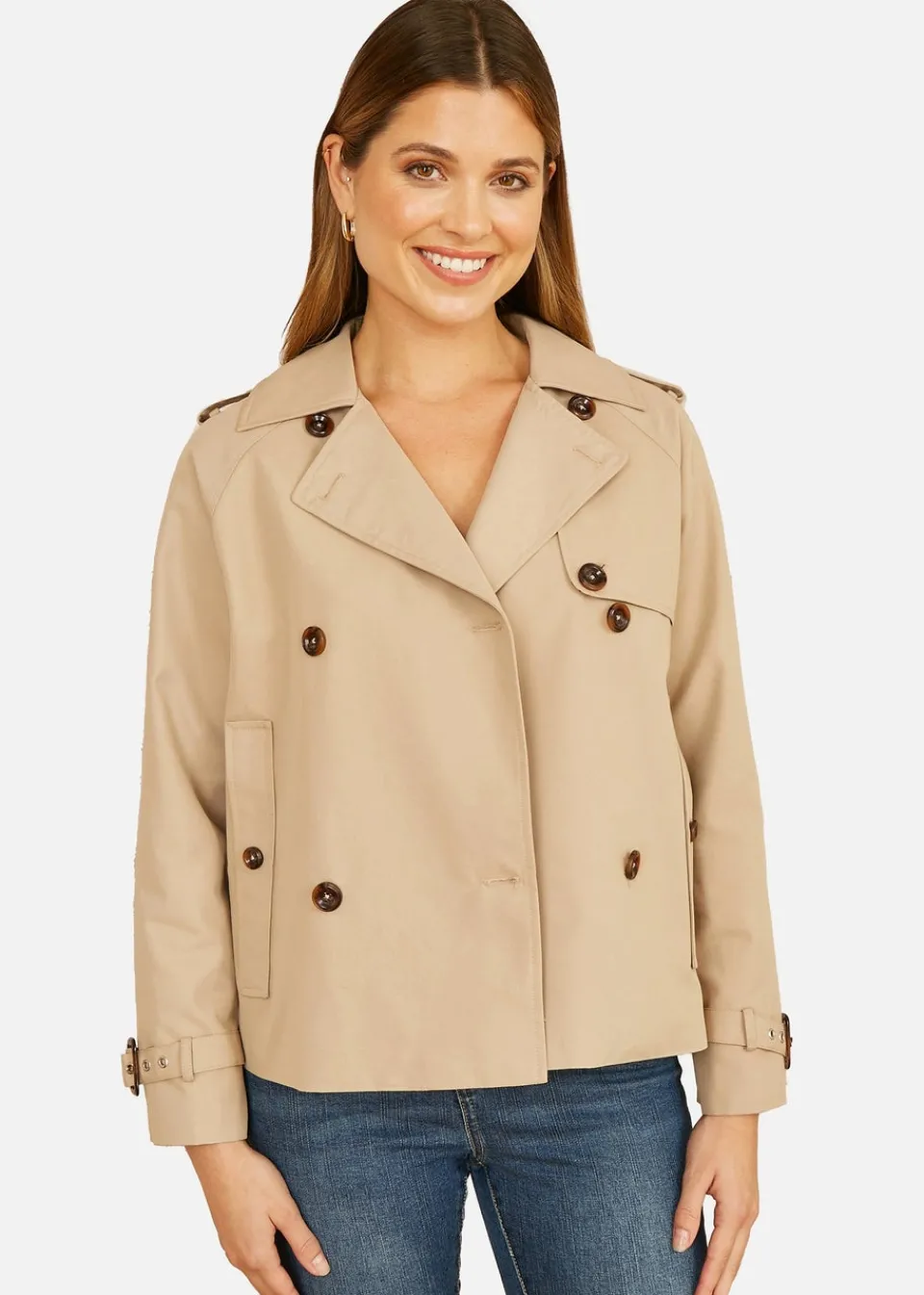 Coats & Jackets>Yumi Beige Cropped Trench Jacket With Pockets & Check Lining