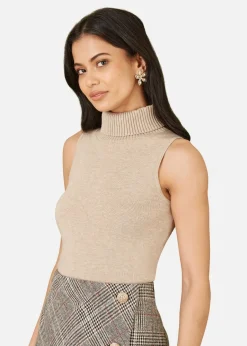 Tops>Yumi Beige Knitted Roll Neck Sleeveless Jumper