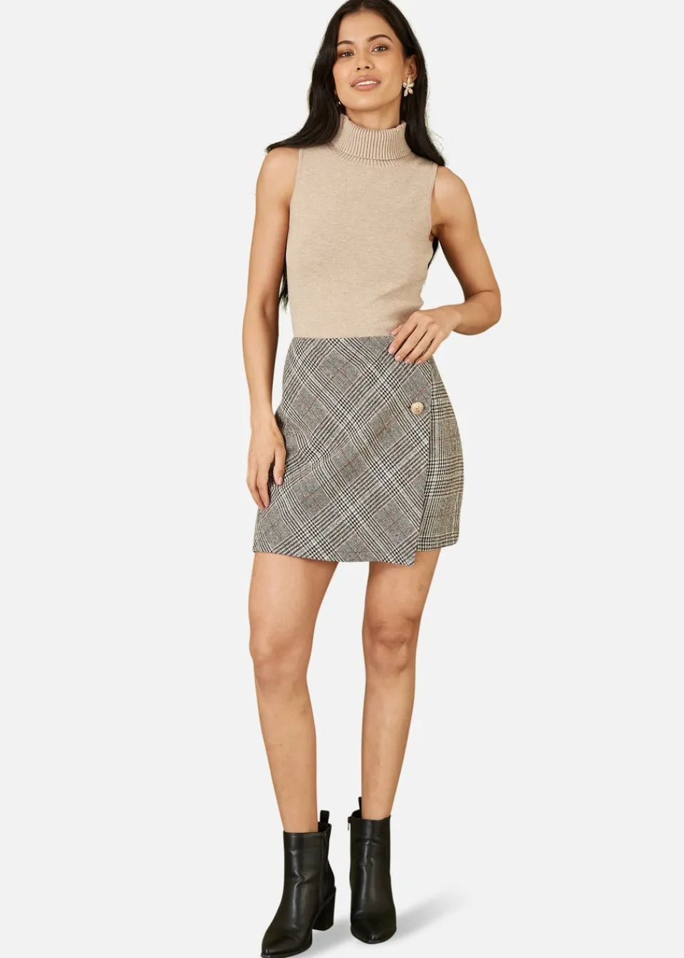 Tops>Yumi Beige Knitted Roll Neck Sleeveless Jumper