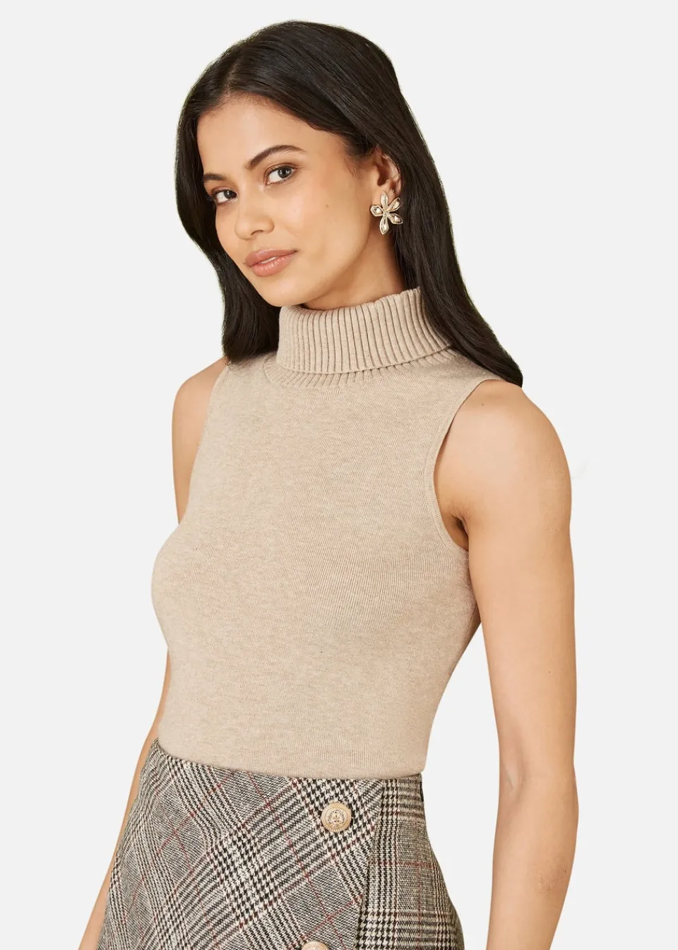 Tops>Yumi Beige Knitted Roll Neck Sleeveless Jumper