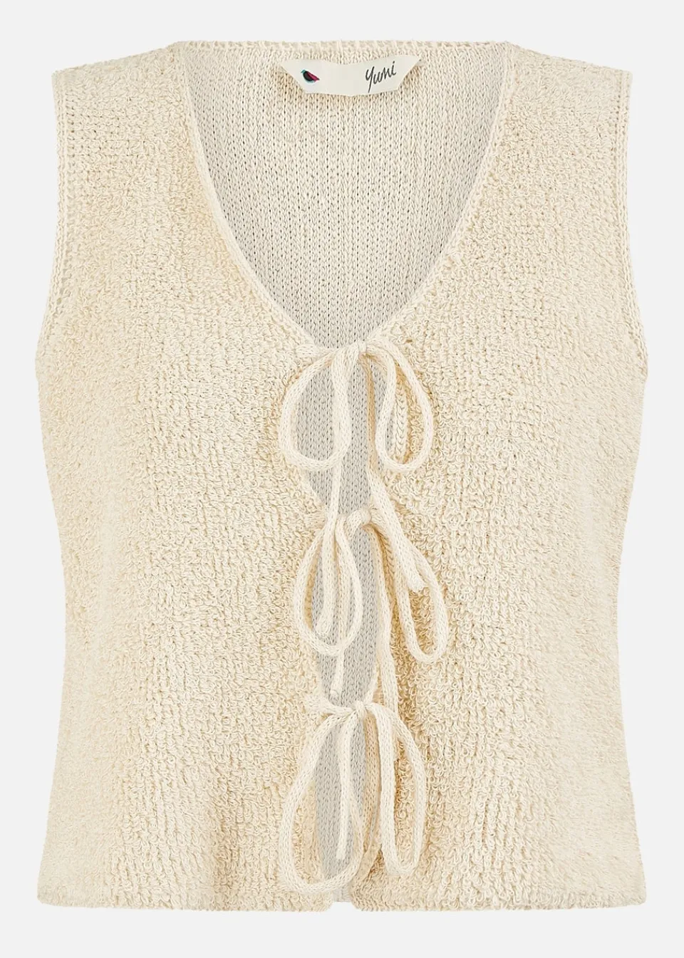Tops>Yumi Beige Knitted Tie Detail Knitted Waistcoat