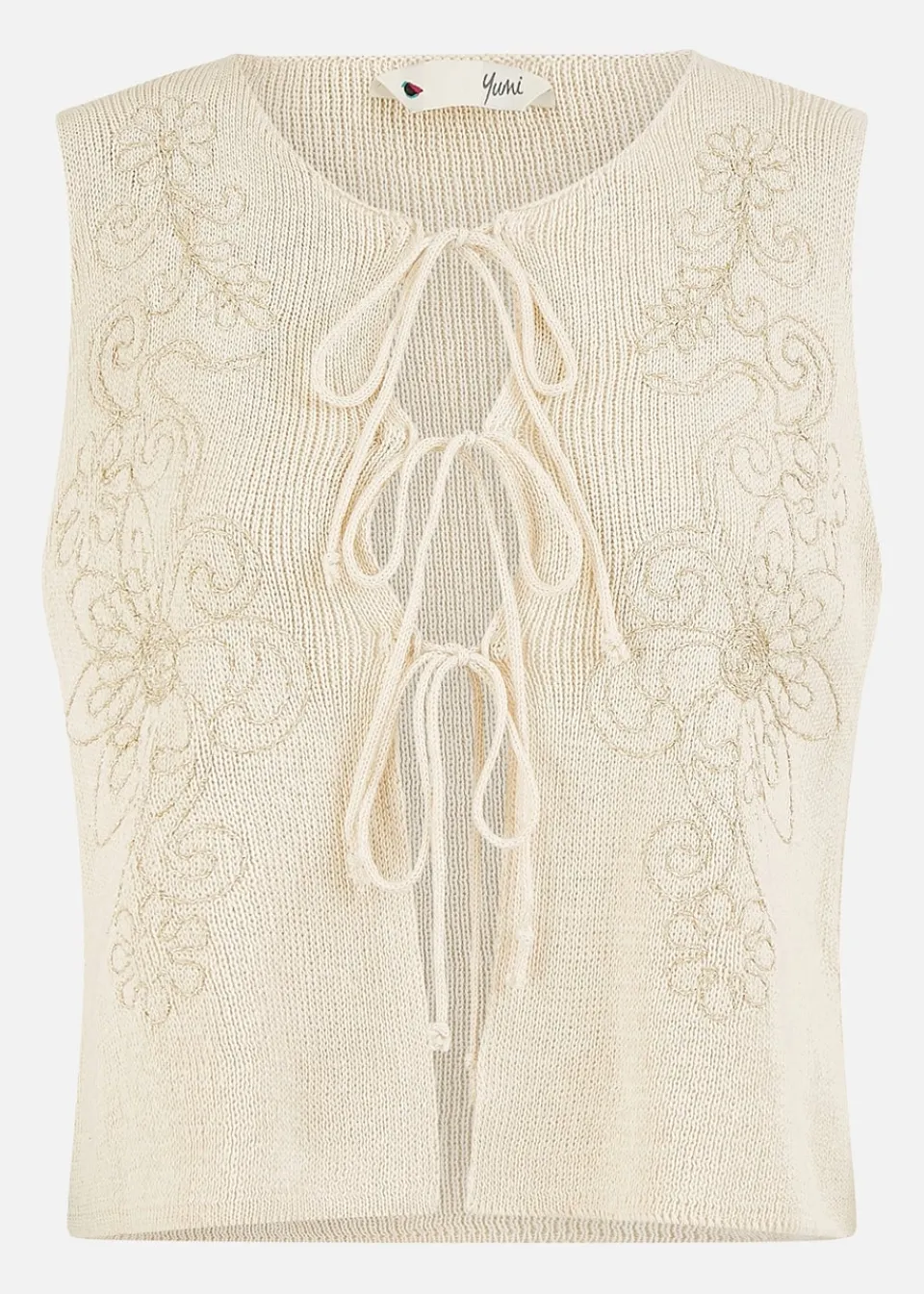 Coats & Jackets>Yumi Beige Knitted Tie Front Waistcoat With Floral Details
