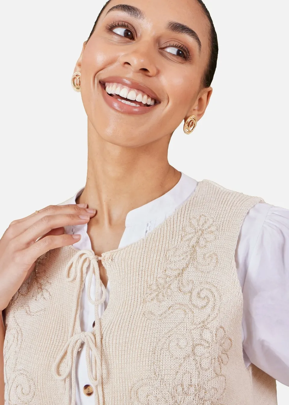 Coats & Jackets>Yumi Beige Knitted Tie Front Waistcoat With Floral Details