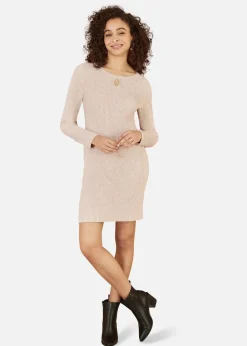 Dresses>Yumi Beige Rib Knit Tunic Dress With Button Cuffs & Cut Out Detail