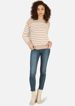 Tops>Yumi Beige Stripe Knitted Relaxed Jumper With Button Details