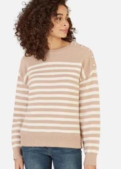 Tops>Yumi Beige Stripe Knitted Relaxed Jumper With Button Details