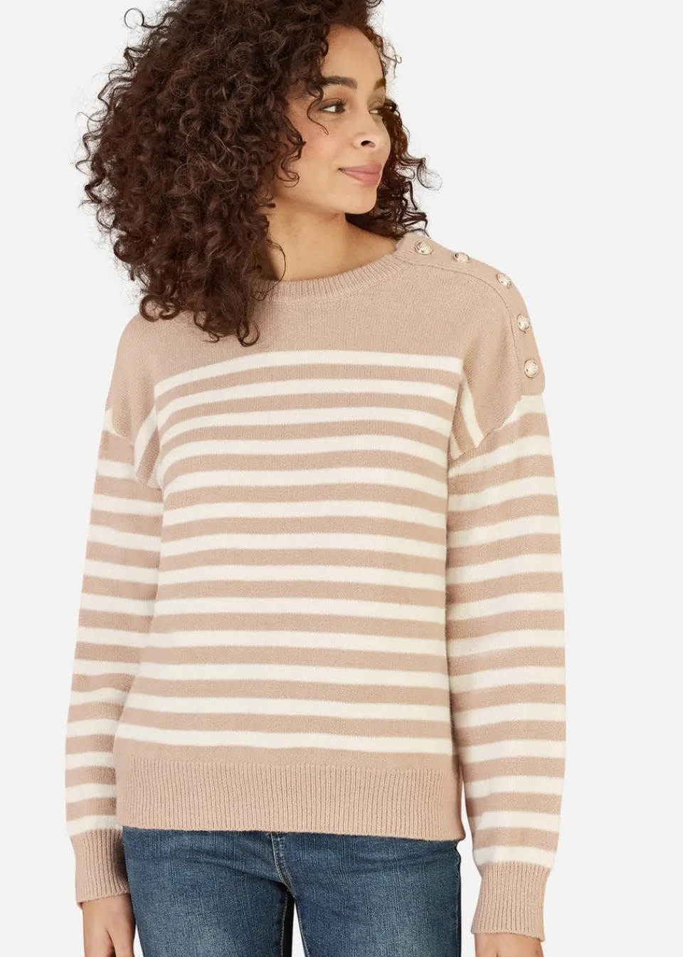 Tops>Yumi Beige Stripe Knitted Relaxed Jumper With Button Details