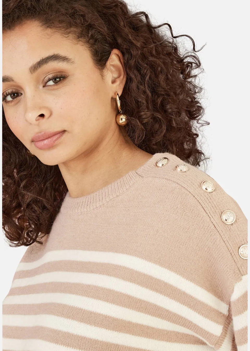 Tops>Yumi Beige Stripe Knitted Relaxed Jumper With Button Details