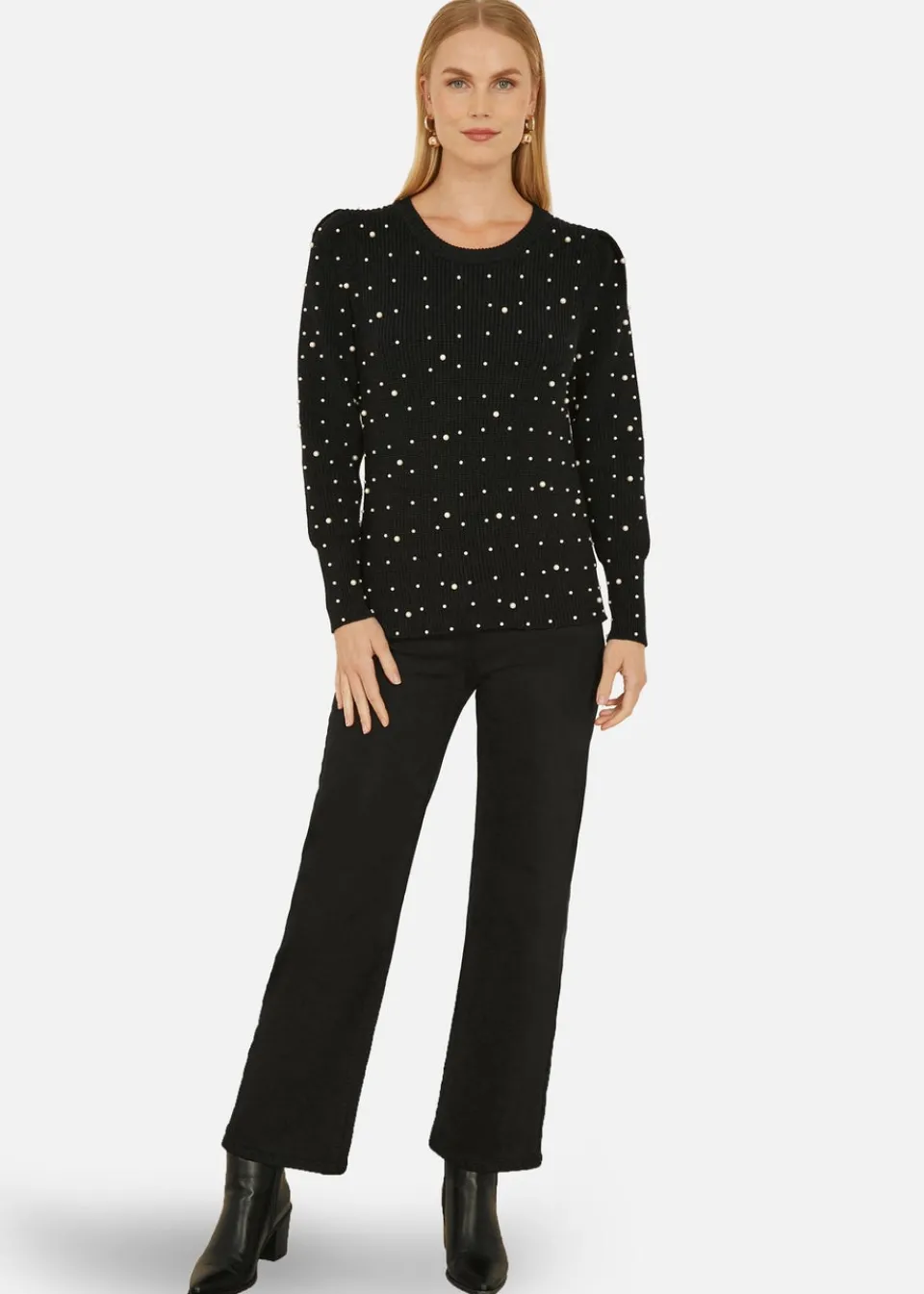 Knitwear>Yumi Black All Over Pearl Knitted Jumper