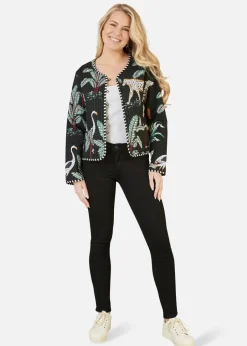 Coats & Jackets>Yumi Black Animal Print Reversible Cotton Cropped Quilted Jacket