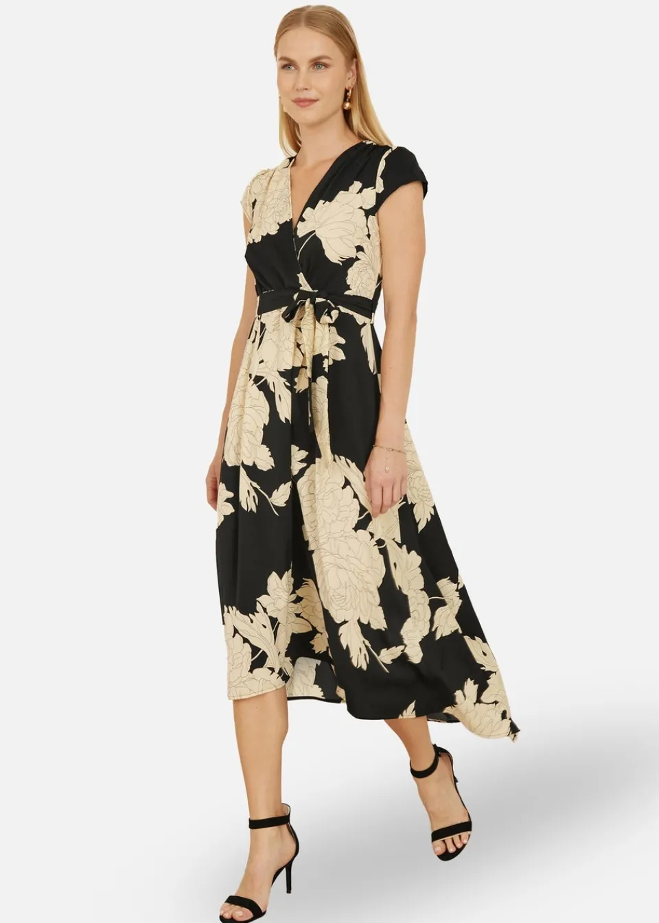 Dresses>Yumi Black Blossom Print Wrap Midi With Dipped Hem