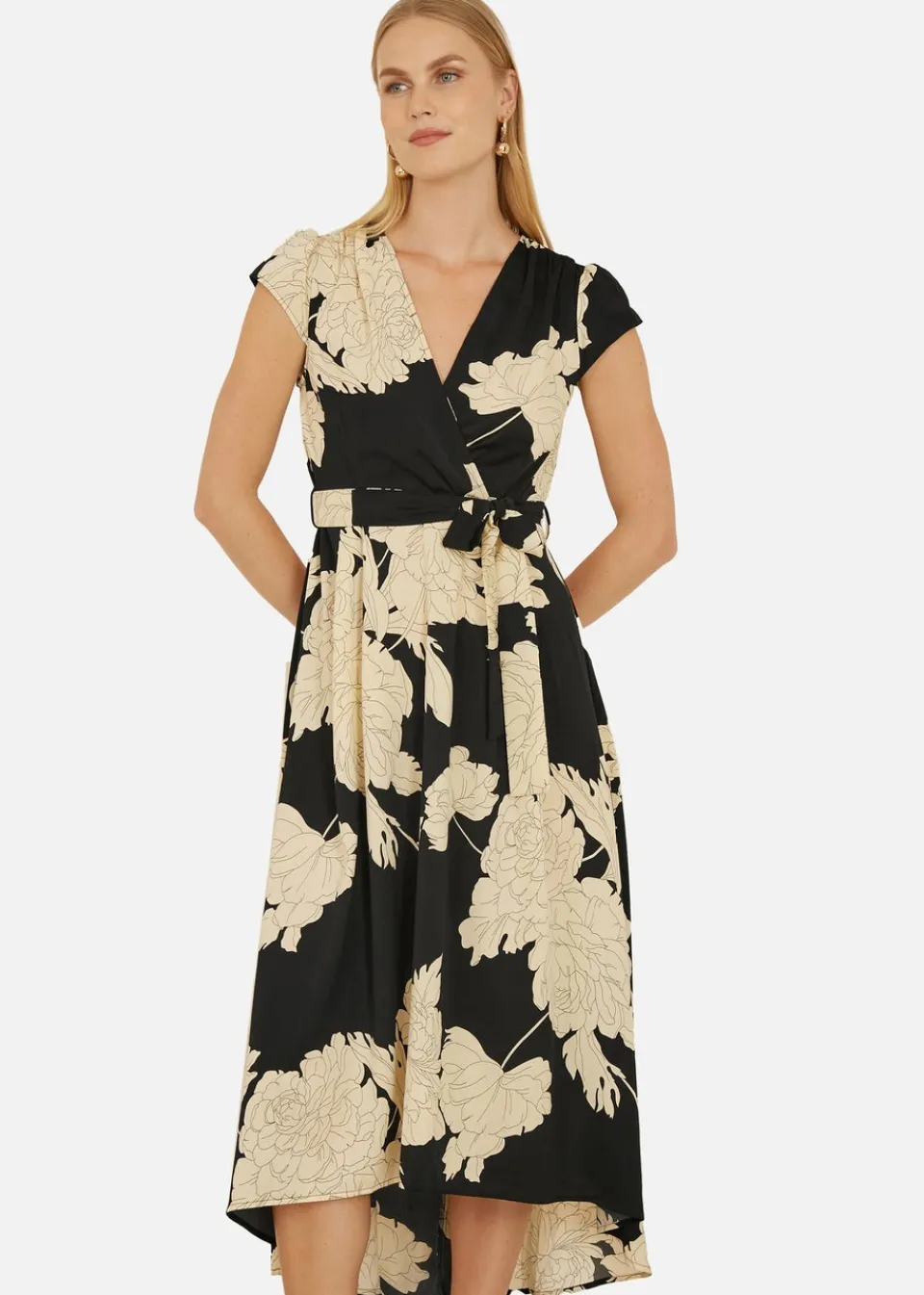 Dresses>Yumi Black Blossom Print Wrap Midi With Dipped Hem