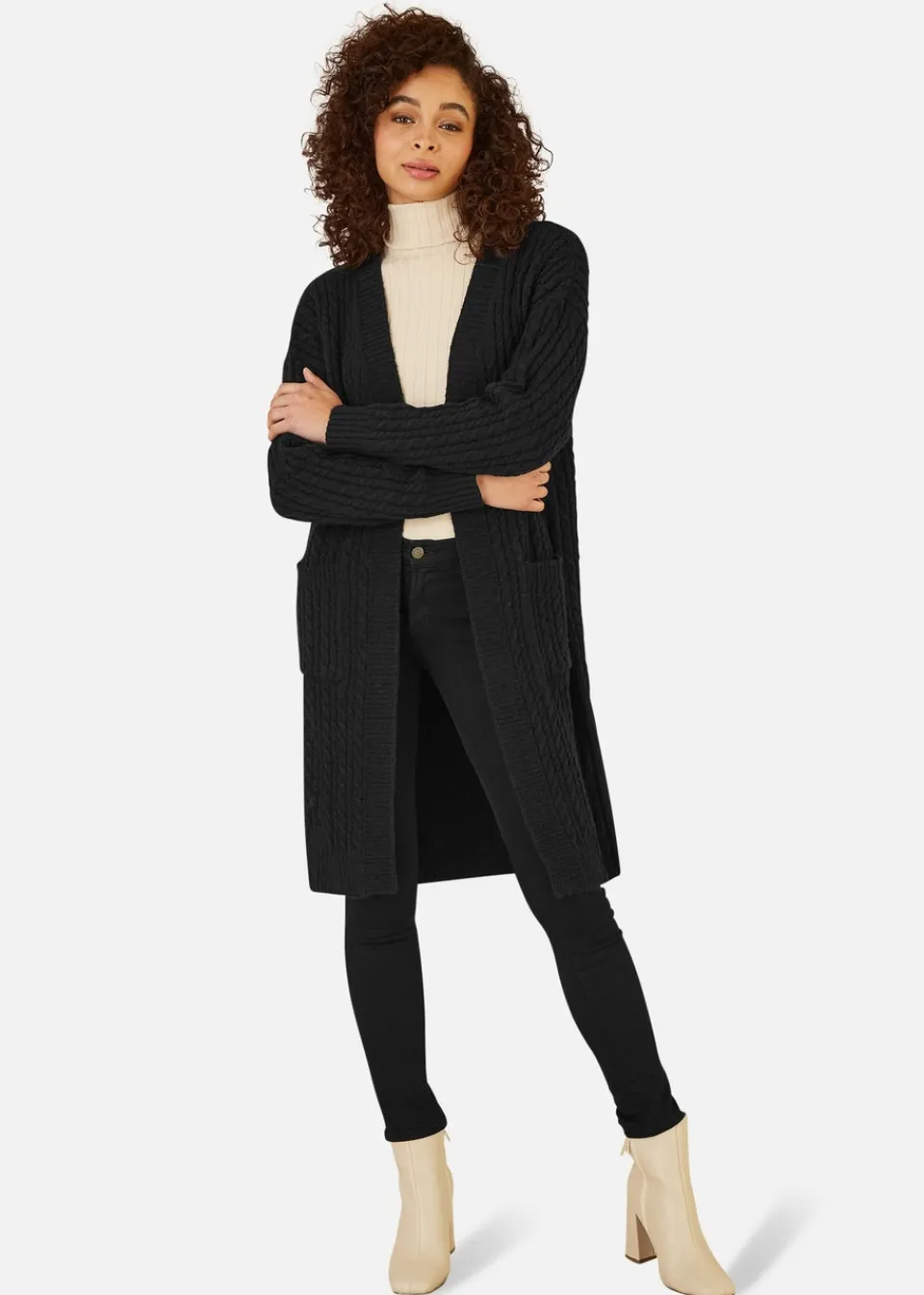 Tops>Yumi Black Cable Knit Edge to Edge Long Cardigan With Pockets