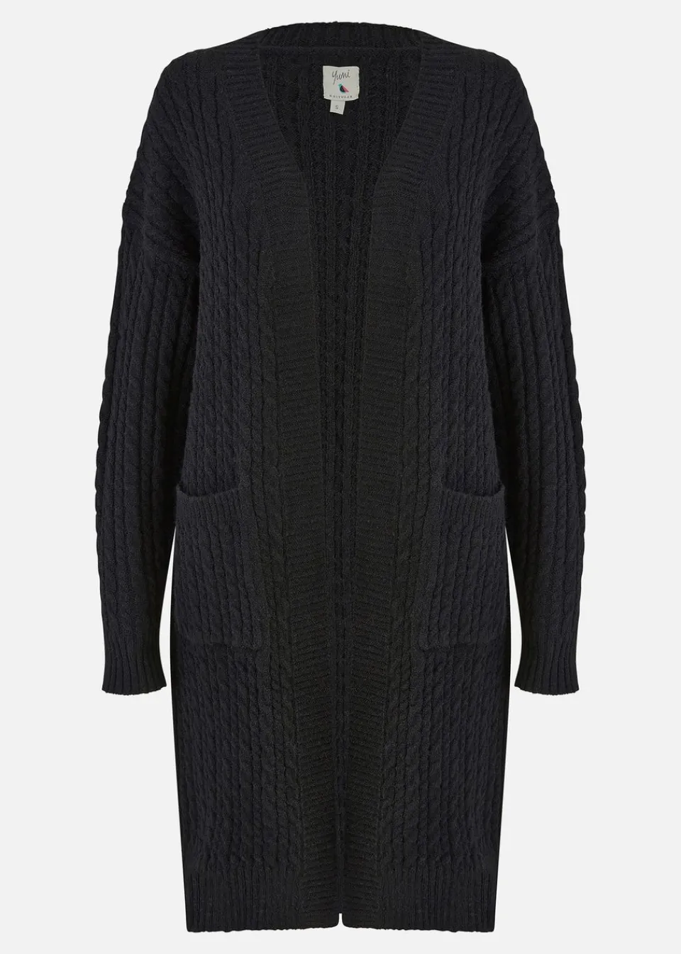 Tops>Yumi Black Cable Knit Edge to Edge Long Cardigan With Pockets