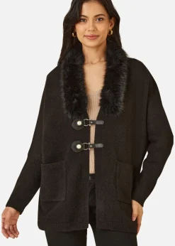 Tops>Yumi Black Cardigan With Detachable Fur Collar Trim
