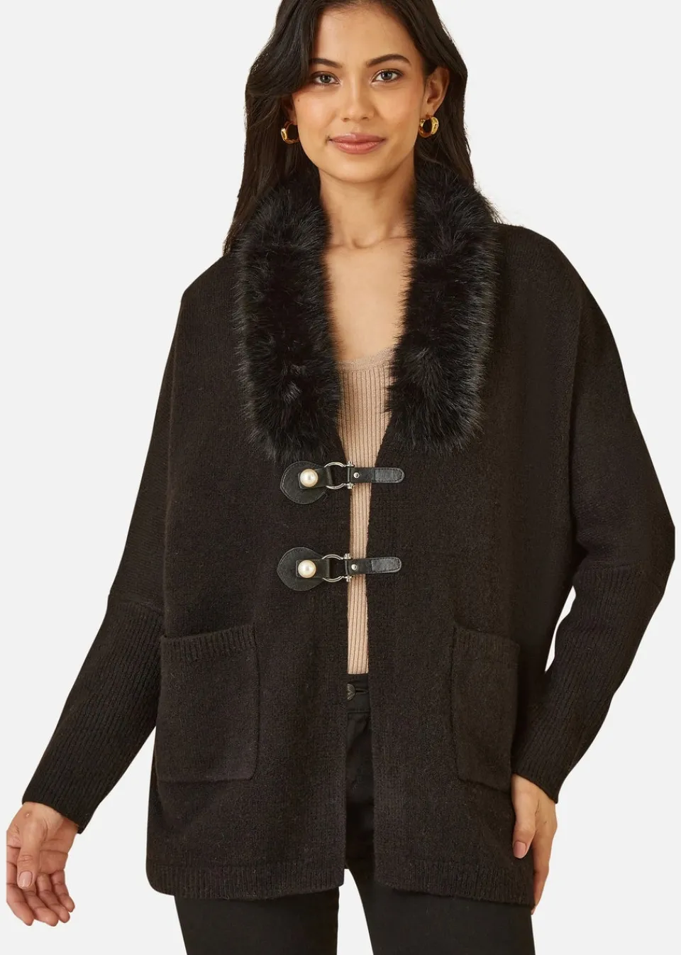 Tops>Yumi Black Cardigan With Detachable Fur Collar Trim