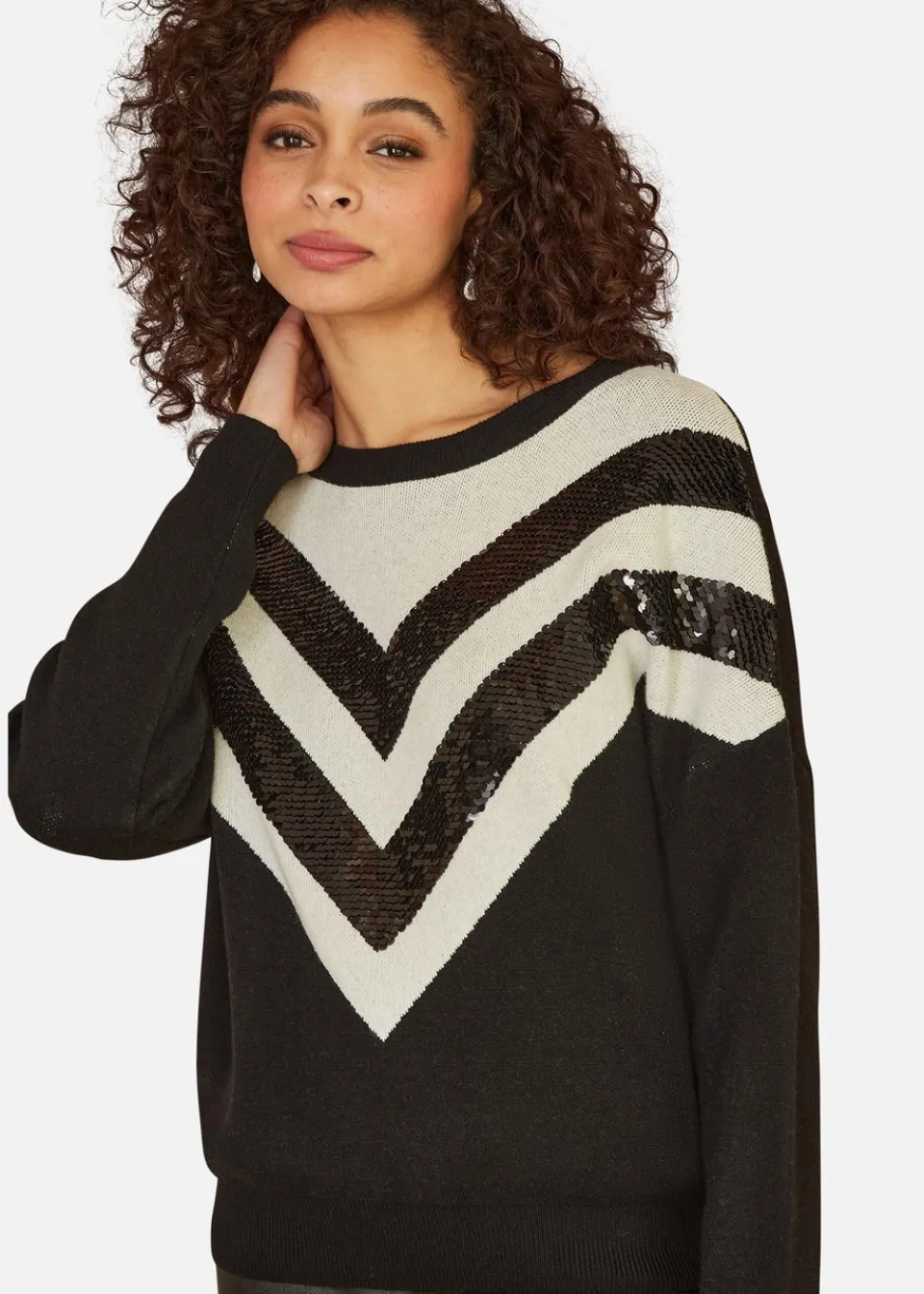 Tops>Yumi Black Chevron Knitted Relaxed Jumper With Sequins
