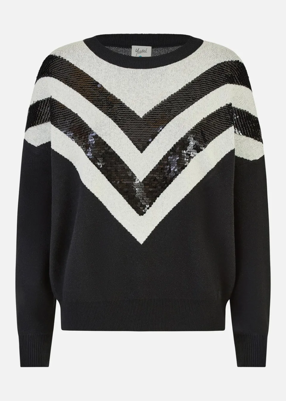 Tops>Yumi Black Chevron Knitted Relaxed Jumper With Sequins