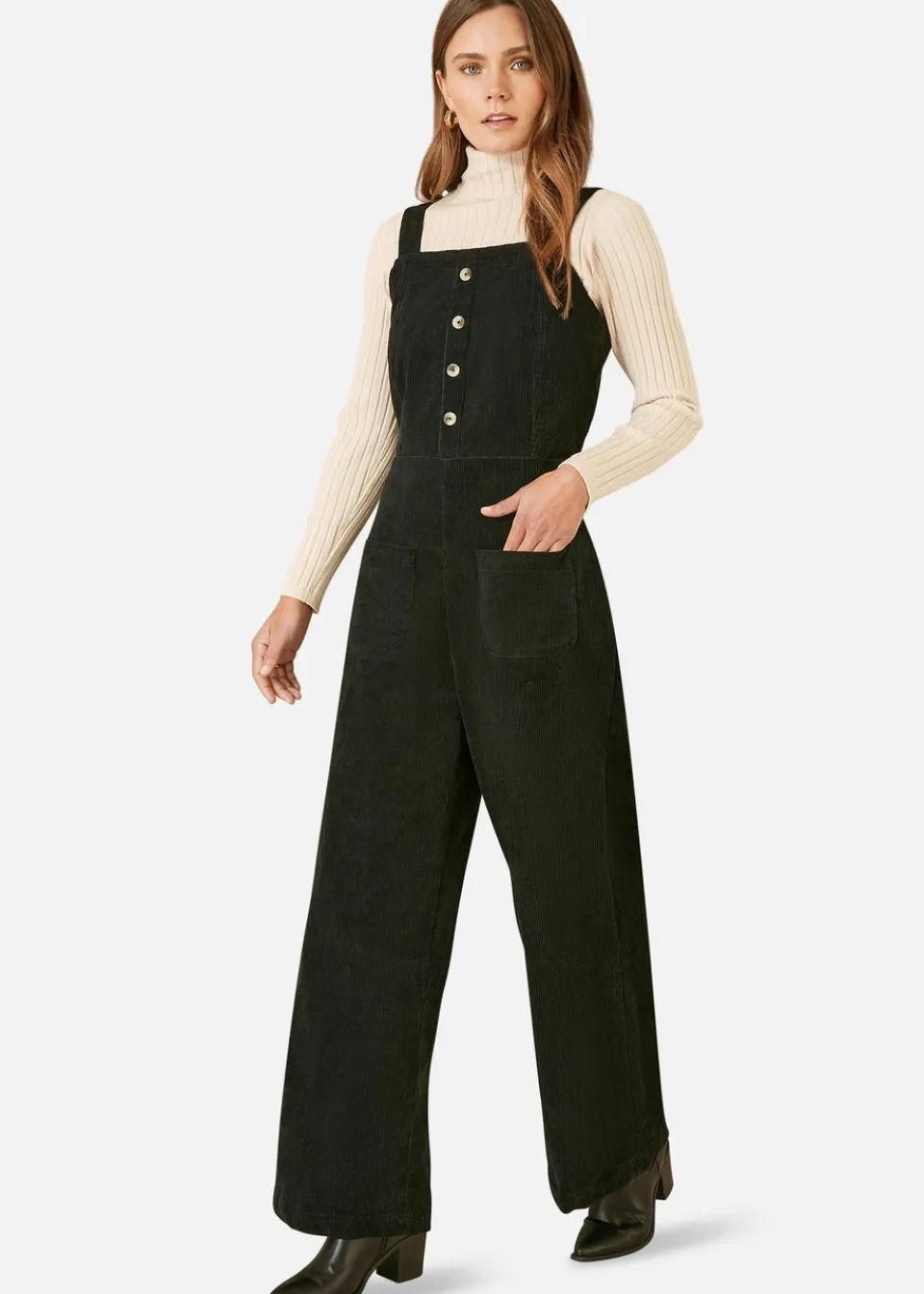 Jumpsuits & Playsuits>Yumi Black Cord Stretch Dungaree Style Jumpsuit