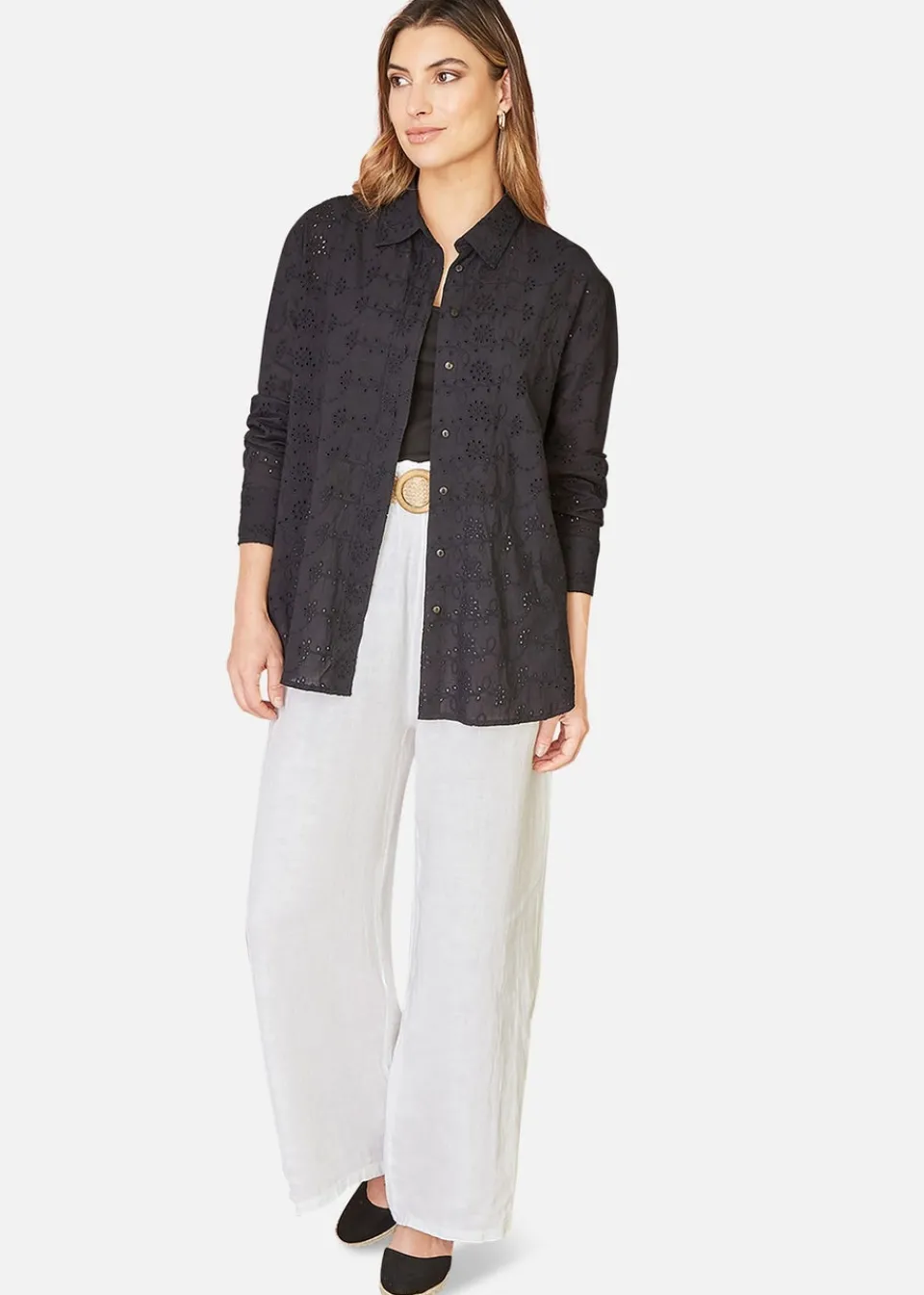 Tops>Yumi Black Cotton Broderie Anglaise Relaxed Shirt
