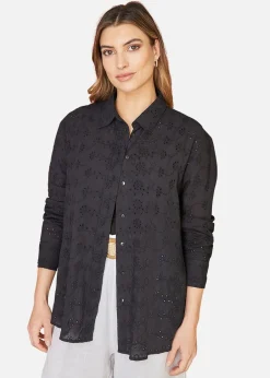 Tops>Yumi Black Cotton Broderie Anglaise Relaxed Shirt