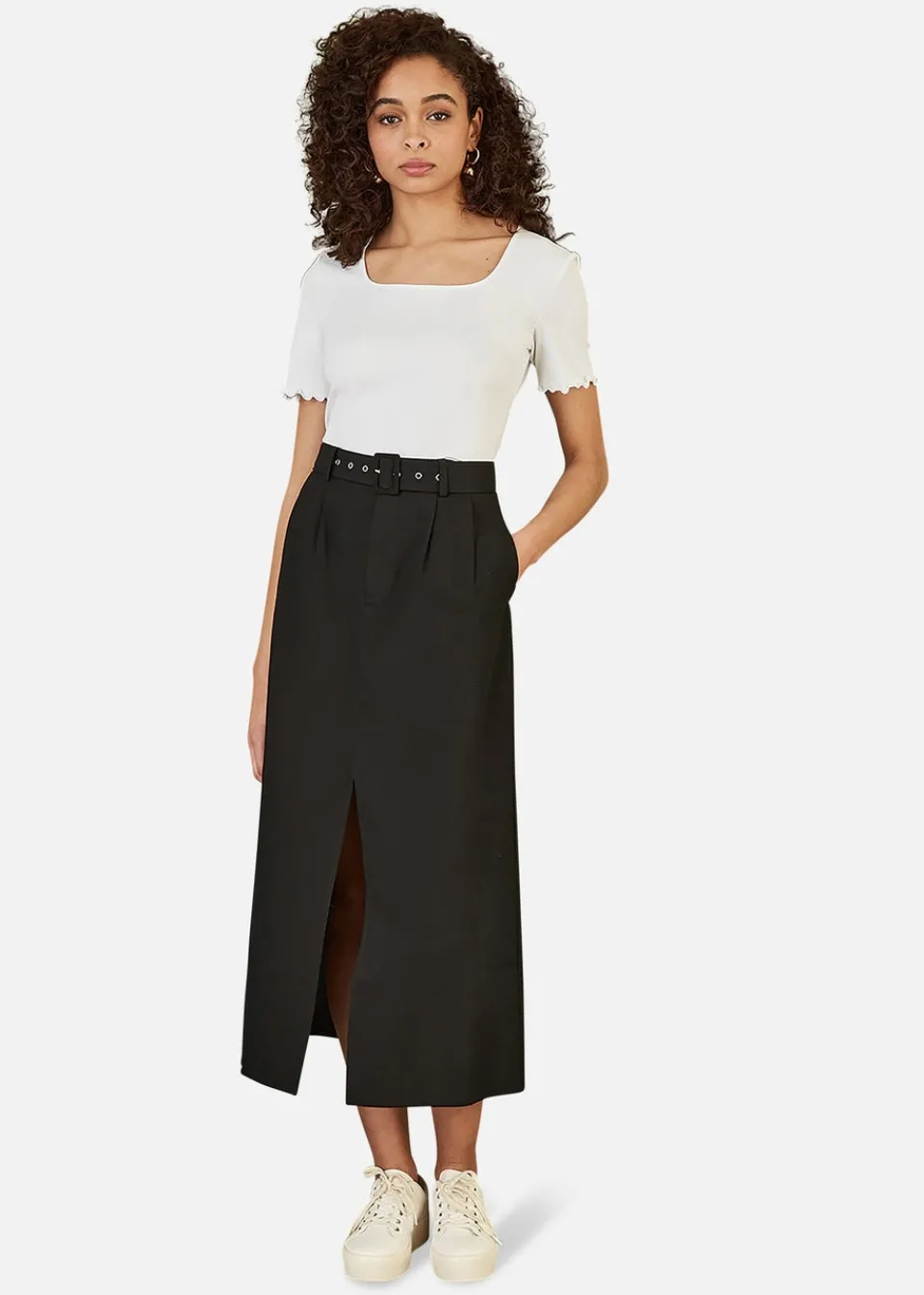 Skirts>Yumi Black Cotton Midi Skirt With Belt And Split Hem