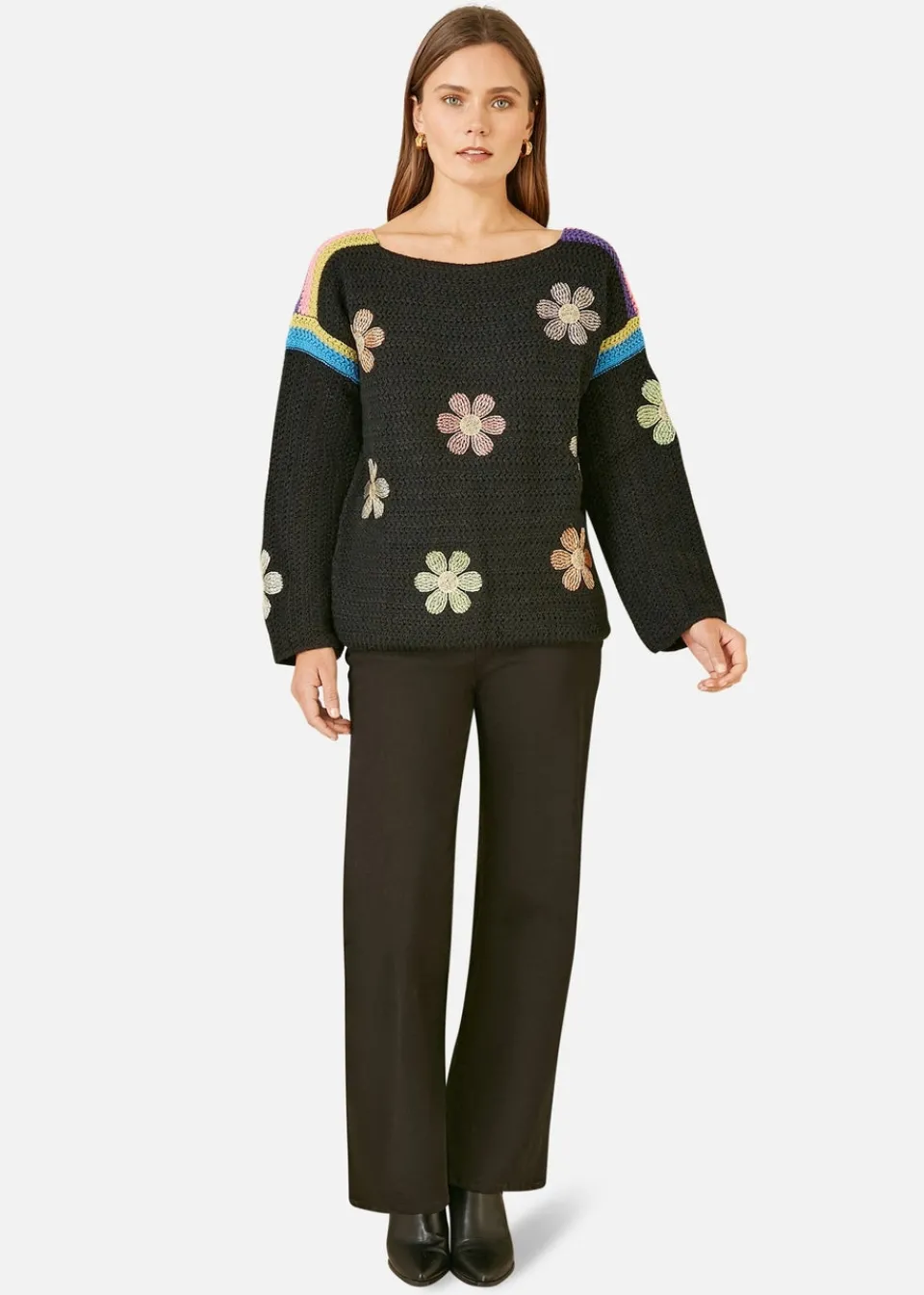 Tops>Yumi Black Crochet Flower Jumper
