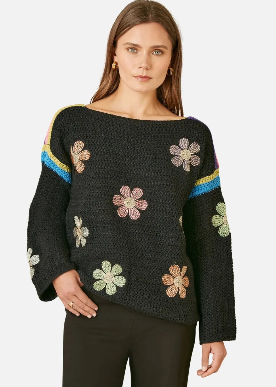 Tops>Yumi Black Crochet Flower Jumper