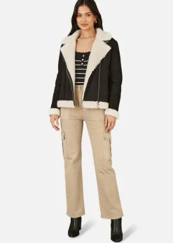 Coats & Jackets>Yumi Black Faux Suede & Shearling Biker Jacket