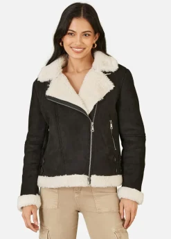 Coats & Jackets>Yumi Black Faux Suede & Shearling Biker Jacket