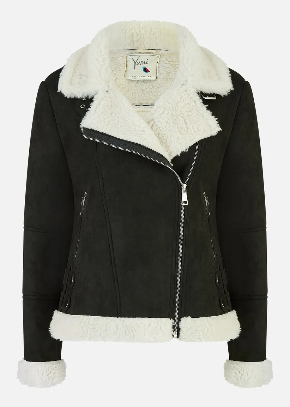Coats & Jackets>Yumi Black Faux Suede & Shearling Biker Jacket