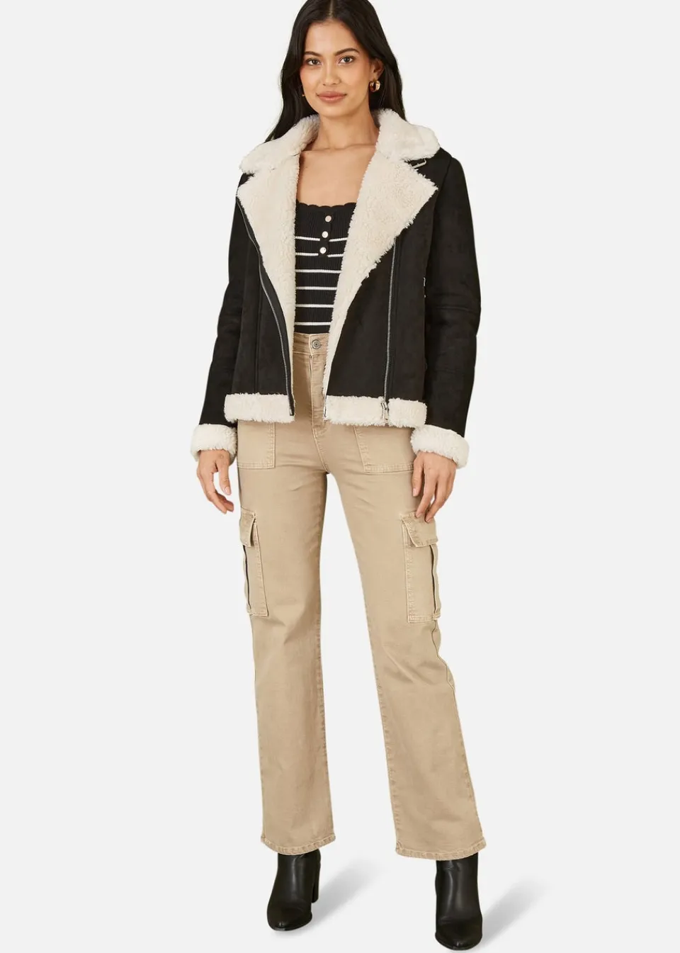 Coats & Jackets>Yumi Black Faux Suede & Shearling Biker Jacket
