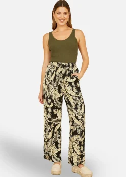 Trousers>Yumi Black Fern Print Relaxed Fit Trousers