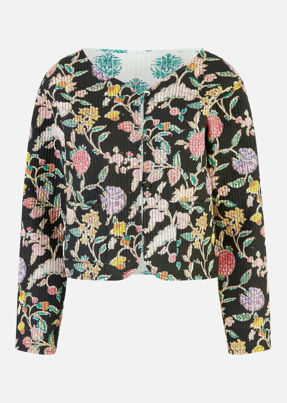 Coats & Jackets>Yumi Black Floral Print Reversible Cotton Cropped Quilted Jacket