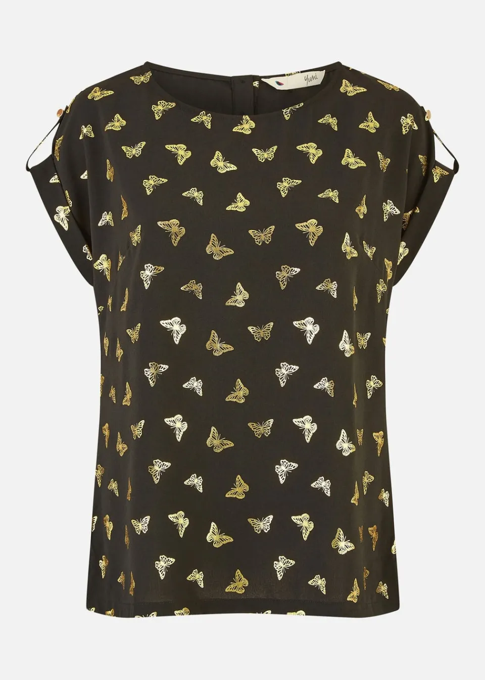 Tops>Yumi Black Foil Butterfly Print Top