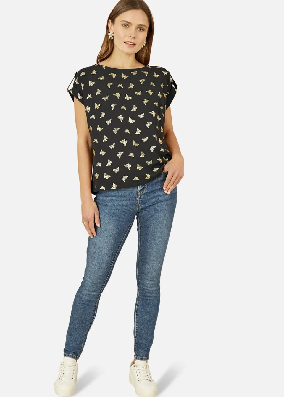 Tops>Yumi Black Foil Butterfly Print Top