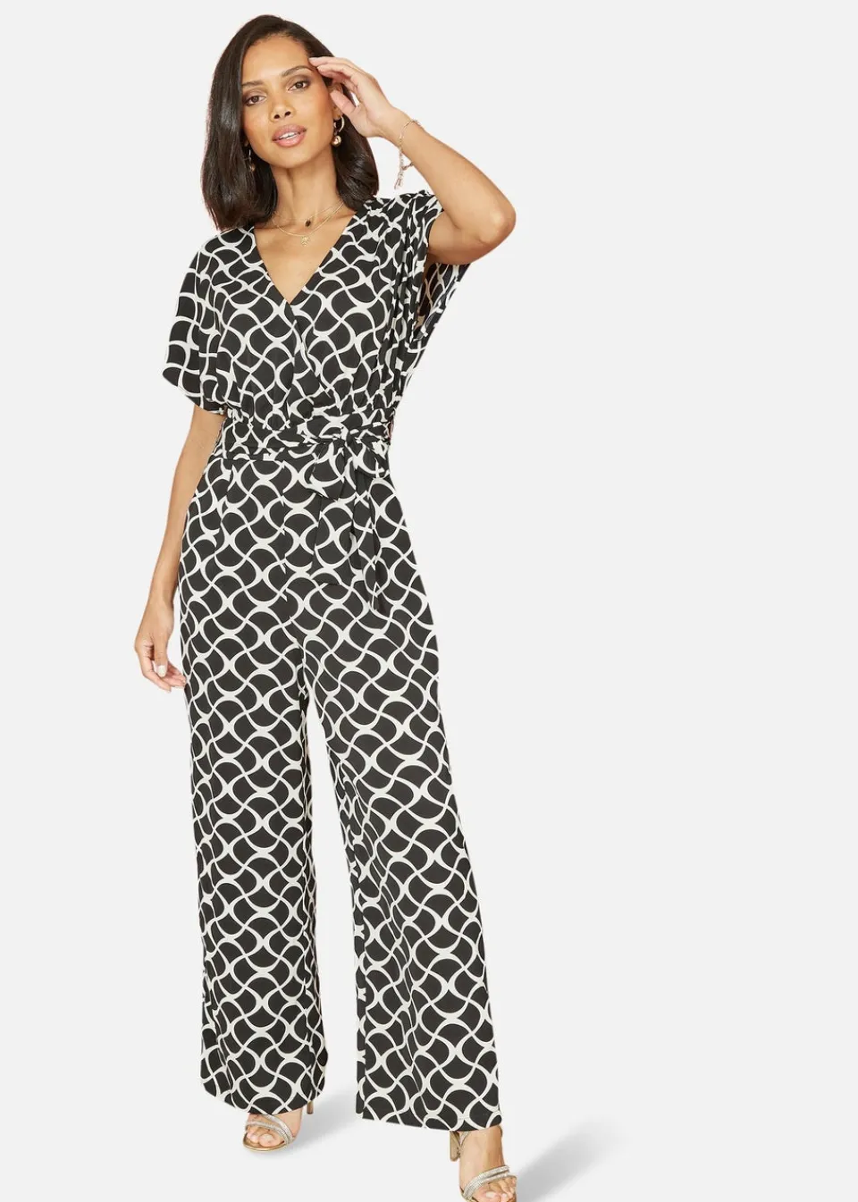 Jumpsuits & Playsuits>Yumi Black Geometric Print Wrap Jumpsuit