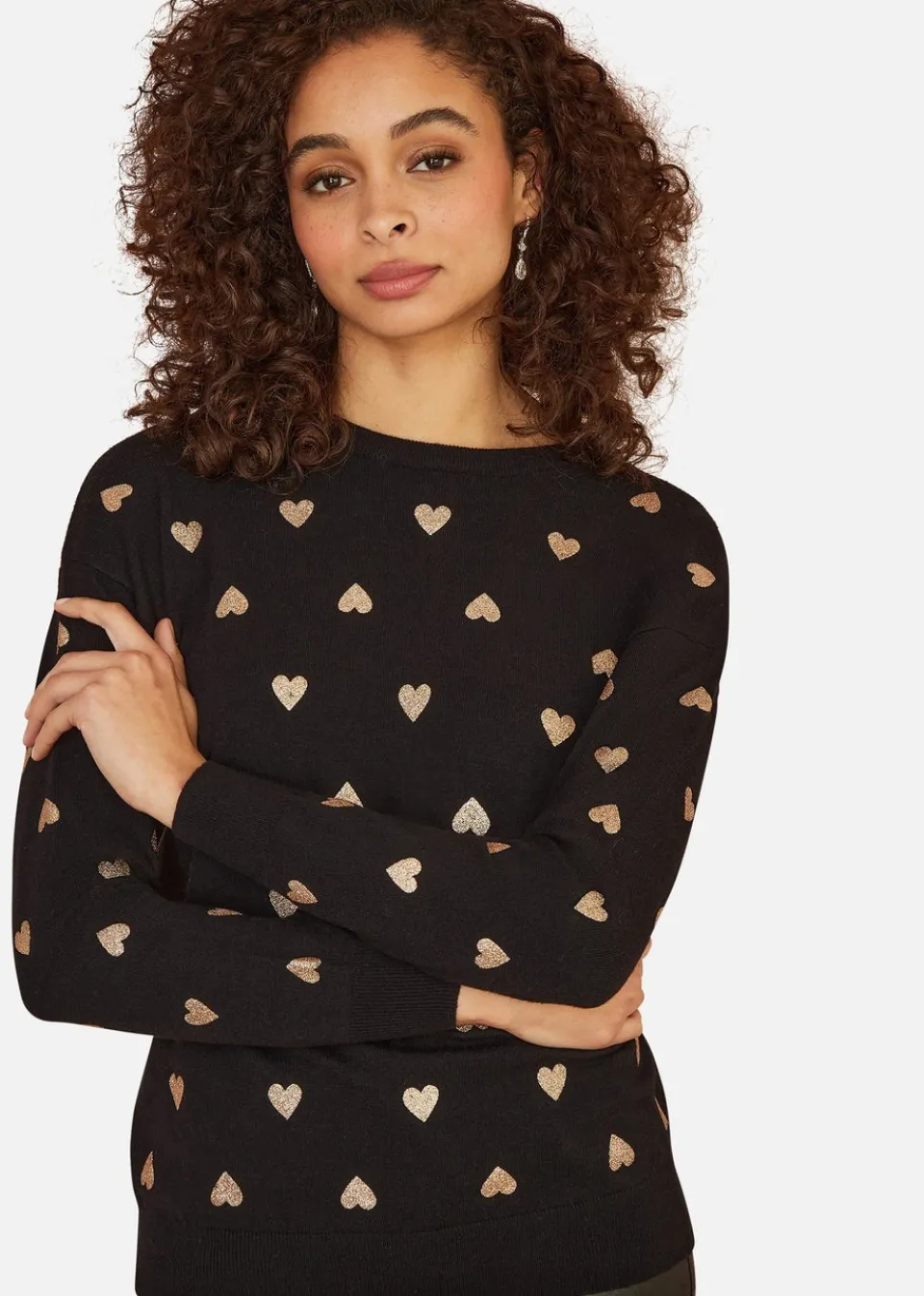Tops>Yumi Black Gold Foil Heart Print Relaxed Fit Jumper